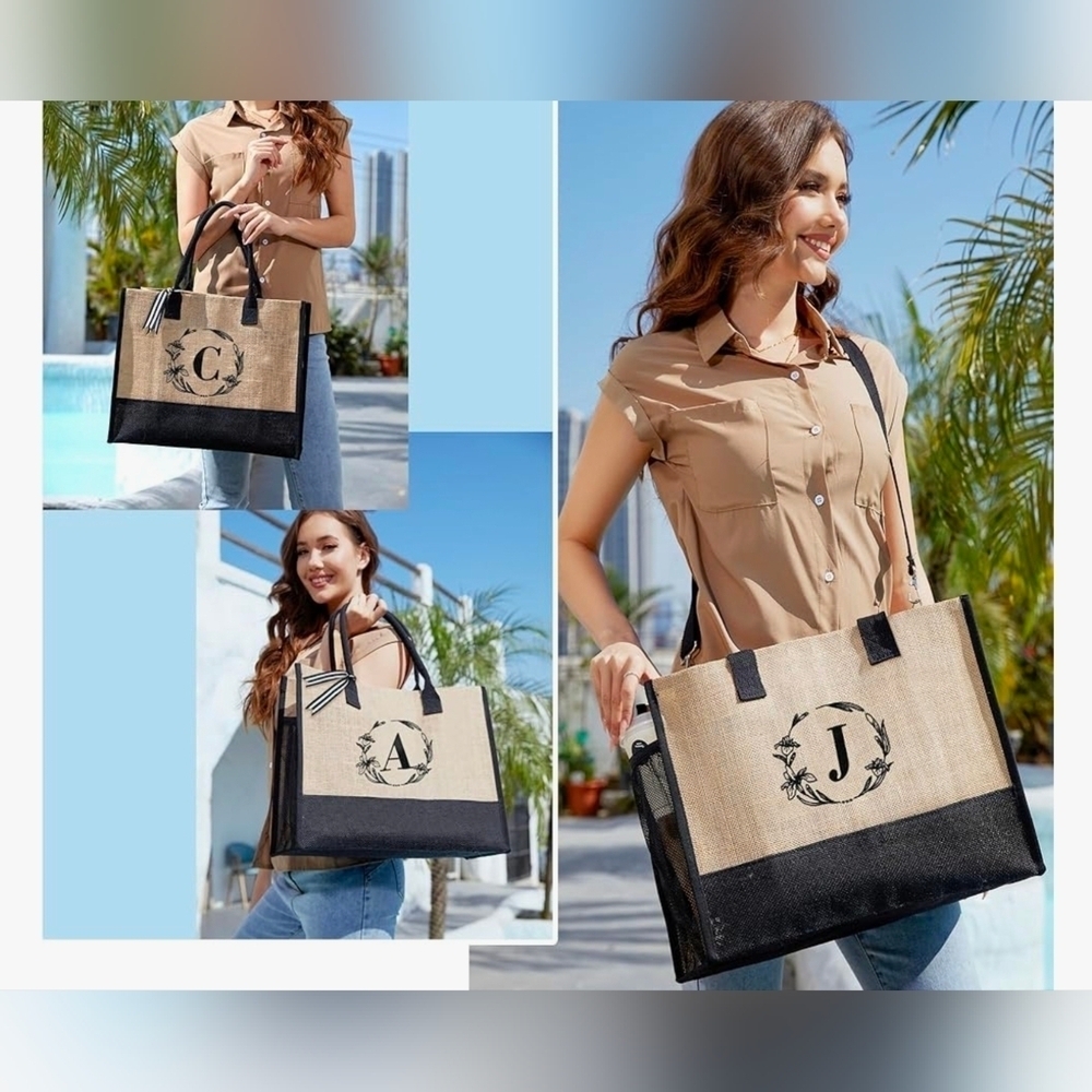 Monogrammed Embroidered Jute Tote Bag Zipper Pocket -Personalized Gift- Letter E - Picture 10 of 11